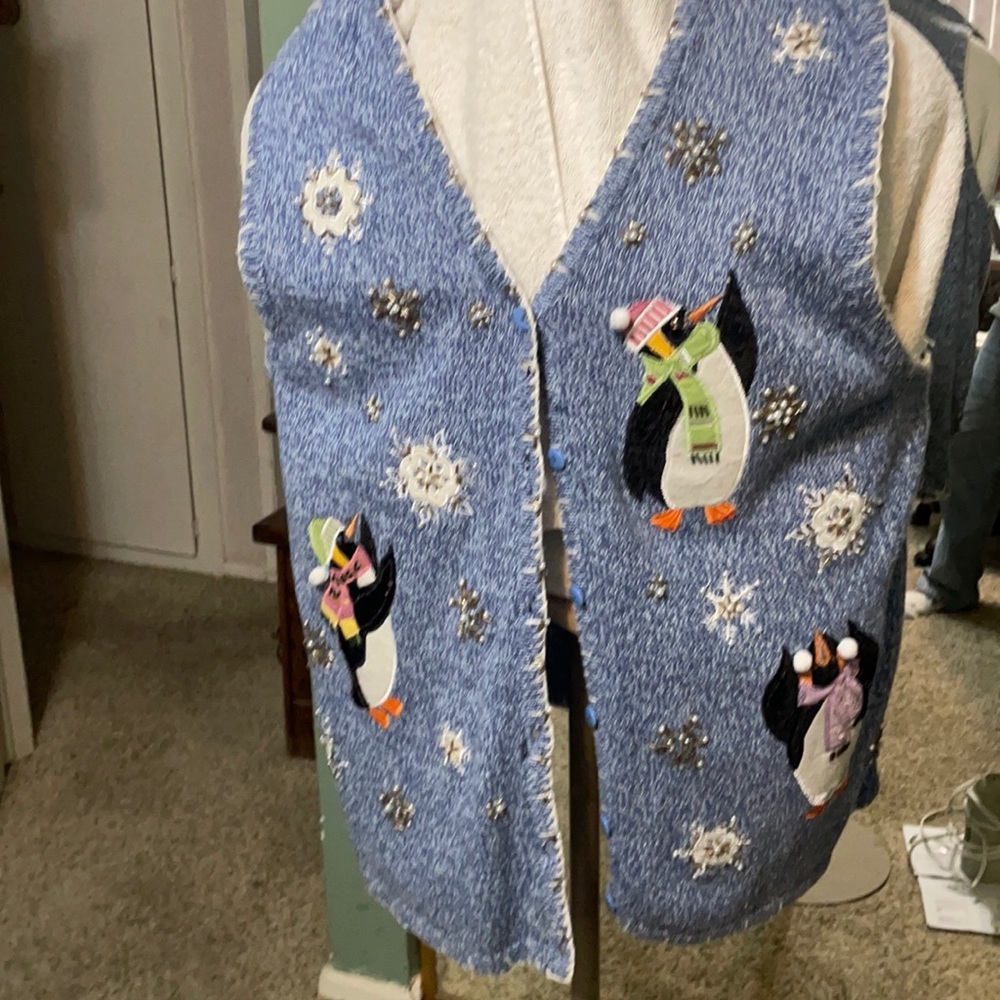 Women’s hand made vest penguins and snowflakes